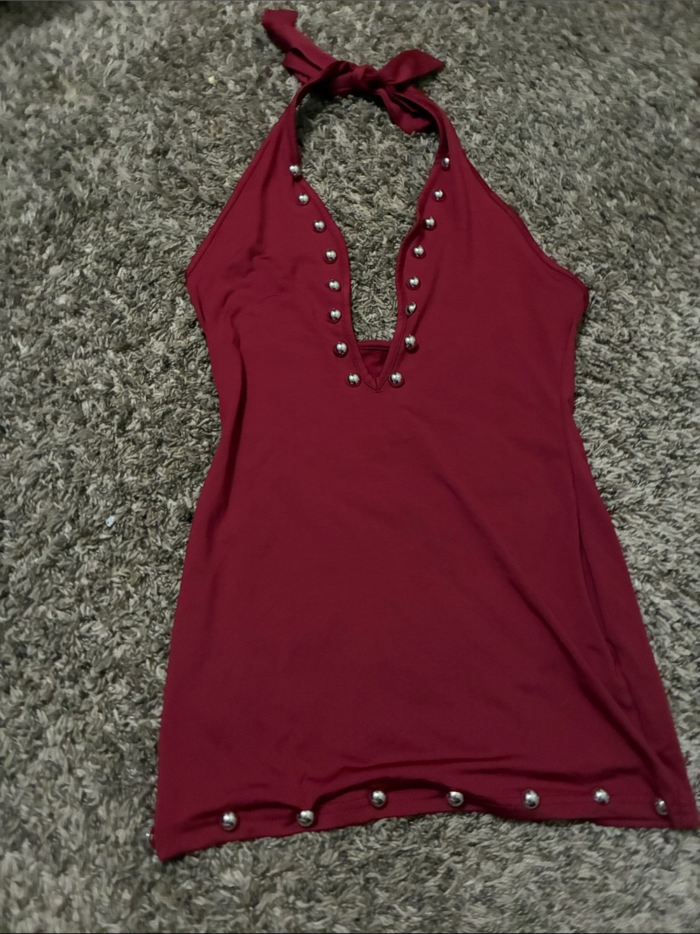 Women's Halter Jewel-Accent Backless Mini Dress- Wine Red